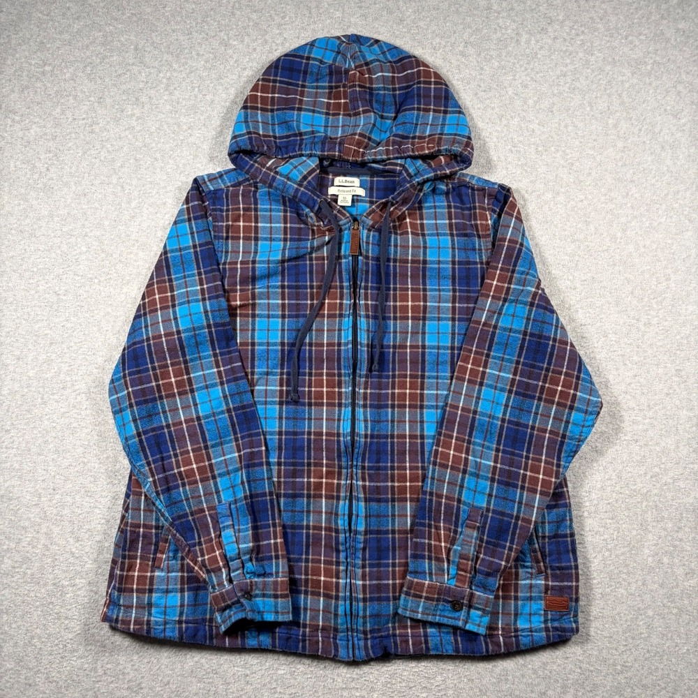 LL Bean Relaxed Fit Flannel Hoodie Women XL Blue Brown Plaid Full Zip Cotton